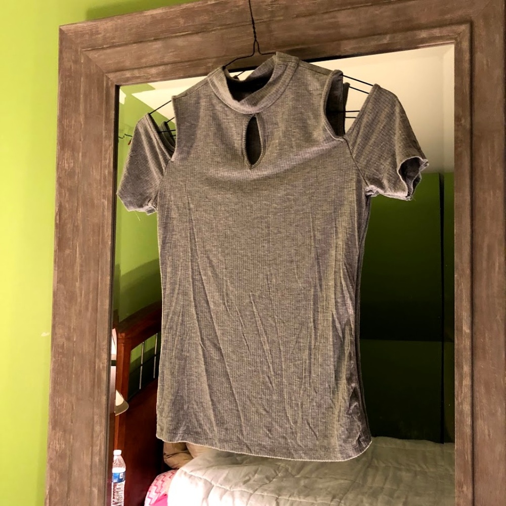 Gray Open Shoulder Key Hole Shirt